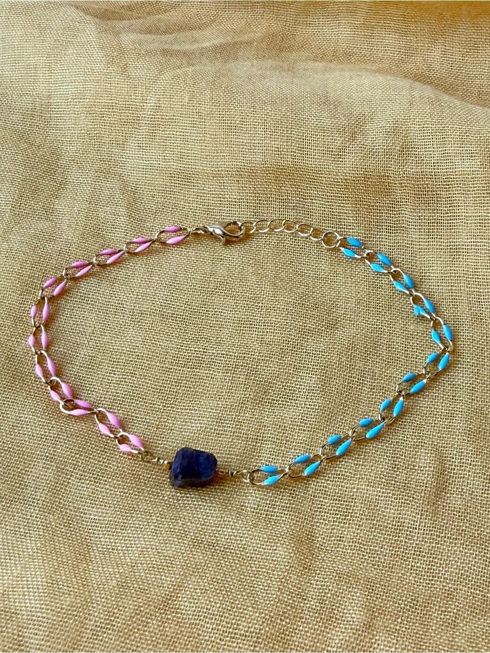 Handmade Gold Chain Bracelet with Pink & Blue Enamel and Genuine Iolite Stone